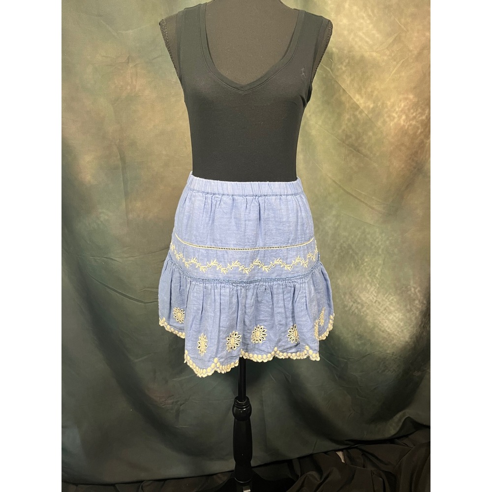 LoveShackFancy Blue Cotton Linen Eyelet Embroidered Ruffle Mini Skirt Womens M